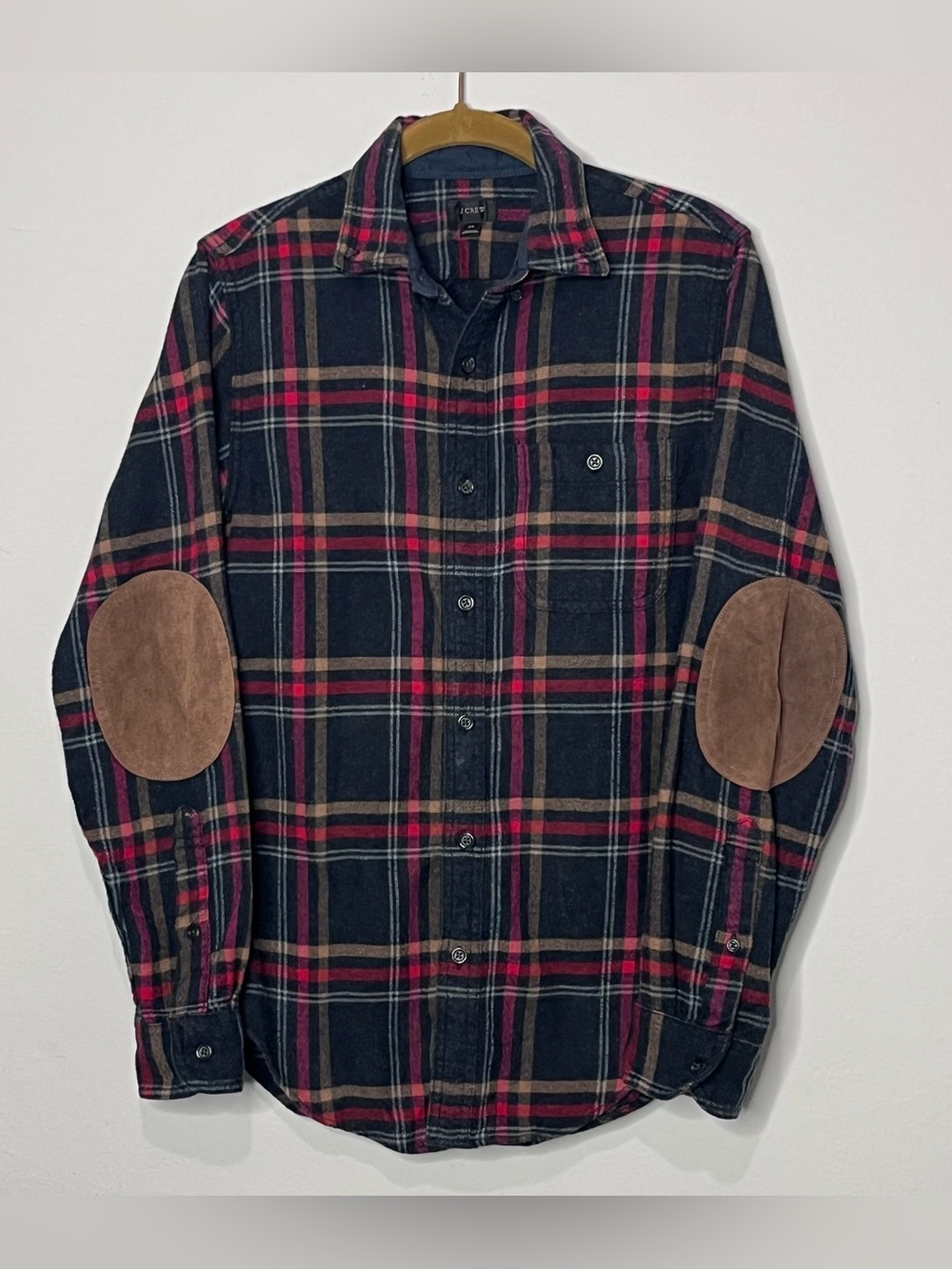JCrew Men’s XS Plaid Flannel Button Up Shirt Elbow Patches Wool Cotton Vintage
